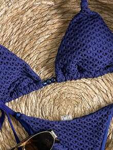 Elavelle Women's Textured Beaded Halter Bikini Set, Spring/Summer Holiday - Blue - View 4