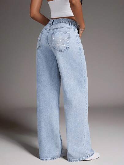 SHEIN Women's Casual Fashionable Street Daily Commute Star Rhinestone Loose Wide-Leg Jeans