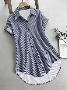 EMERY ROSE Casual Commuter Striped Front Short Back Long Shirt, Summer - Multicolor - View 1
