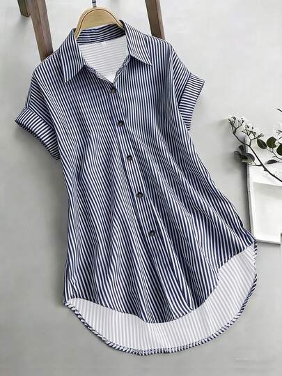 EMERY ROSE Casual Commuter Striped Front Short Back Long Shirt, Summer