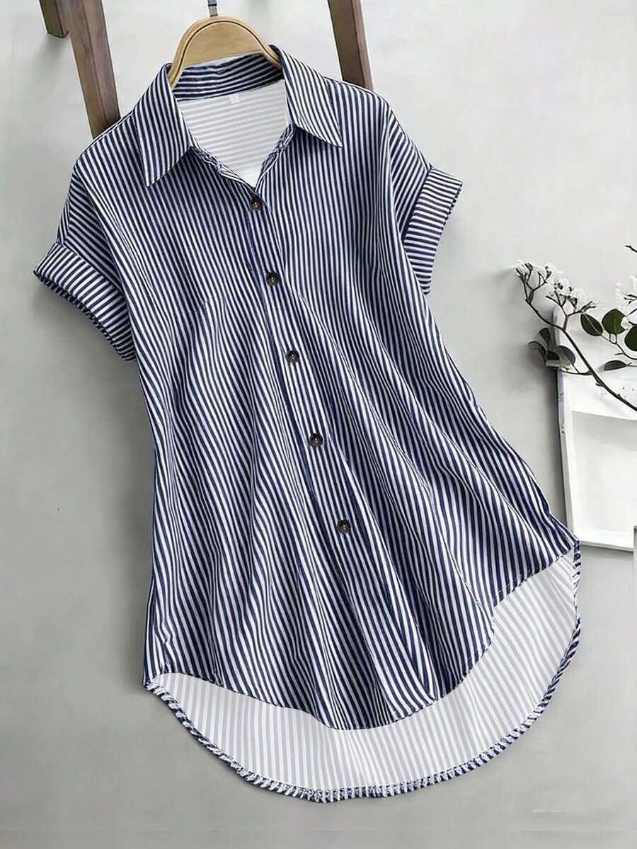 EMERY ROSE Casual Commuter Striped Front Short Back Long Shirt, Summer - Multicolor - View 1