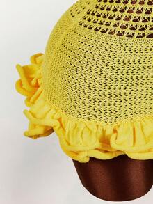 Amplova 女士吊带针织迷你连衣裙，性感前卫，适合度假穿着，饰有可爱海星边饰，腰部透视拼接设计 - 鵝黃色 - 查看 8