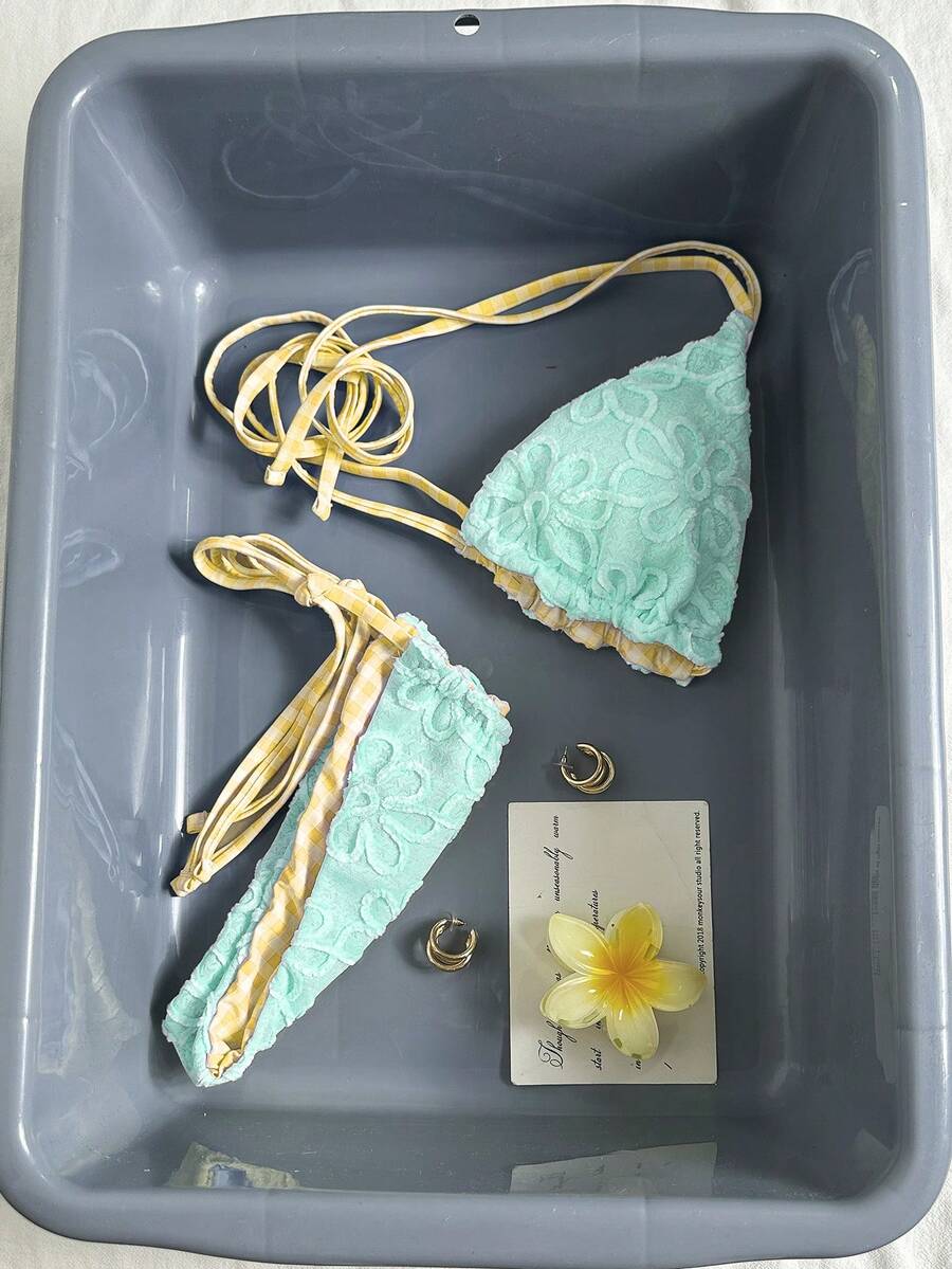 Swim Mod 女士泳装、度假和可爱比基尼、花卉棕色黄色沙滩装,适合女性外出、情人节度假、SS26夏季/西式风格、女士/俱乐部/休闲度假沙滩泳装 - 青碧色 - 查看 1