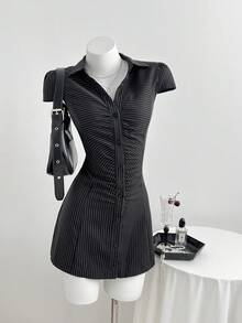 Elamini Women's Dress, V-Neck Ruched Black & White Striped Shirt Dress - Black - View 6