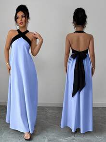 SHEIN Raffinéa Contrast Color Halter Backless Bow Tie Sleeveless Dress, Casual Resort Style For Women - Blue - View 6