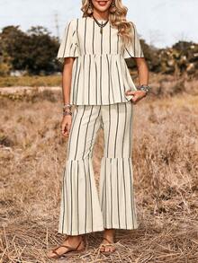 LanaWest 女士休闲西部度假户外条纹两件套，荷叶边娃娃领衬衫和阔腿裤 - 杏色 - 查看 5