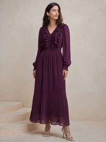 Anewsta Women's Elegant Romantic V-Neck Ruffle Petal Sleeve Cinched Waist Pleated Dress, Suitable For Spring Dates And Parties - Purple - View 3