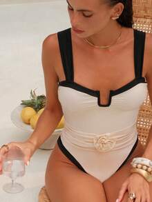 Swim Chiccia Áo tắm liền thân nữ với họa tiết hoa 3D, màu đen trắng, thích hợp cho bãi biển, khu nghỉ dưỡng, tiệc tùng vào mùa xuân/hè. - Nhiều màu - Xem 6