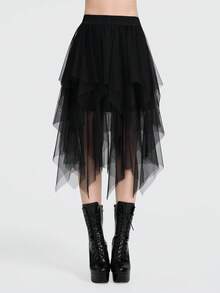 Breakform 女士哥特式优雅弹力腰中长裙，网纱裙，不对称层叠高低裙摆裙，宽松A字裙，黑色裙，有衬里裙 - 黑色 - 查看 5
