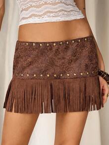 TRNVIE Quần short nữ mùa hè, kiểu dáng thường ngày, cạp thấp, chất liệu da lộn, họa tiết paisley, đính cườm và tua rua, thích hợp cho các bữa tiệc thường ngày, lễ hội âm nhạc phong cách Bohemian, trang phục miền Tây cho nữ. - màu nâu - Xem 1