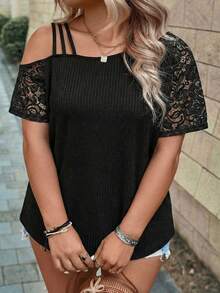 EMERY ROSE 新款加大码女式休闲拼接提花短袖T恤，百搭 - 黑色 - 查看 5