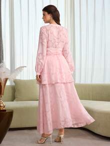 Graceveil 优雅提花束腰长袖开衫搭配喇叭裙套装，柔美淡粉色，女士款 - 粉色 - 查看 6