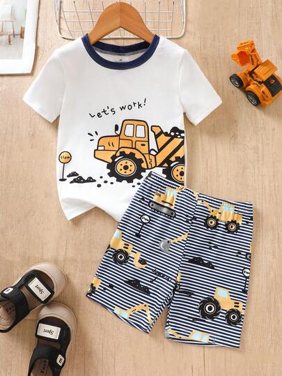 2 st/set för småbarnspojkar med tecknat lastbilstryck, kortärmad t-shirt och shorts, trendig, avslappnad, bekväm, mjuk hemklädsel för sommaren