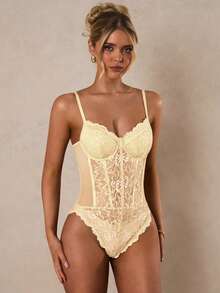 Glamine Women's Sexy Solid Color Contrast Lace Bodysuit, Summer Lace Body Suit Corset Top Bustier Lingerie Lace Lingerie - Pale Yellow - View 3
