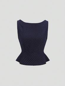 SHEIN Unity 复古藏蓝色波点V领蝴蝶结露背无袖休闲度假百搭春夏新款女式衬衫 - 藏蓝色 - 查看 7