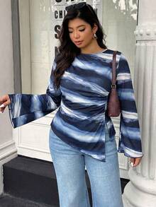 SHEIN Clasi Plus Size Elegant Tie-Dyed Printed Long-Sleeved Ladies' Top,Navy Blue White Versatile Daily Autumn Birthday Bridesmaids Campus Office Fashion Top - Blue - View 5