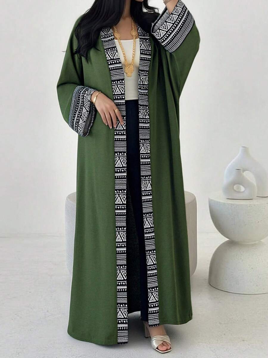 Yasmyna Women's Patchwork Print Long Sleeve Loose Arabic Abaya - Green - View 1