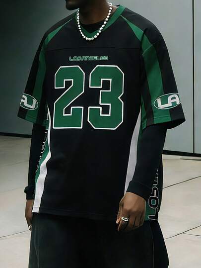 Aesthetic Post 男士休闲运动撞色23号图案T恤，23号运动V领T恤