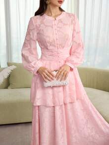 Graceveil 优雅提花束腰长袖开衫搭配喇叭裙套装，柔美淡粉色，女士款 - 粉色 - 查看 2