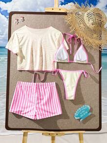 Swim Vcay 2026新款春夏四件套女式泳衣，纯色三角比基尼上衣，随机印花条纹平角泳裤，休闲沙滩度假泳装套装 - 彩色 - 查看 2