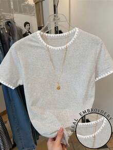 Camiseta de cuello redondo de manga corta acanalada y casual para mujer, de verano - Multicolor - Ver 5