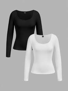 Tseoso 2件装黑白女士休闲纯色针织圆领长袖修身保暖内衣 - 升级弹力面料，秋冬季舒适保暖层，居家、户外、运动及日常穿着皆宜 - 彩色 - 查看 10