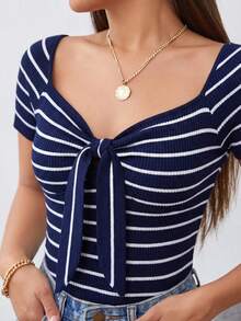 Blusa Casual De Rayas con escote y nudo  delantero Para Mujer - azul y blanco - Ver 4