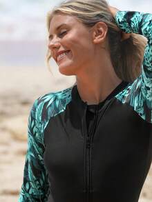 Swim SPRTY Traje de baño de una pieza con estampado aleatorio de plantas tropicales y manga larga con cremallera, para verano - Negro - Ver 7