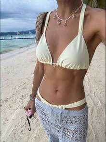 SHEIN Swim 两件套泳衣，纯色加粗肩带海星装饰三角文胸和丁字裤，性感女士夏季度假泳装 - 杏色 - 查看 7