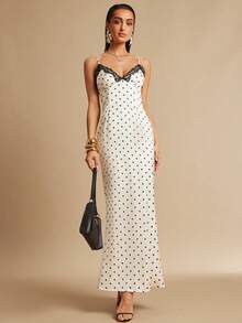 Silquee French-Style Elegant White Polka Dot Satin Dress With Black Lace Trim At The Chest; Suitable For Spring/Summer, Sexy Date Nights, Women's Clothing, Women's Summer Dresses, Afternoon Tea Party Dresses, Valentine's Day, Women's Valentine's Day Outfits, And Vacation Dresses. - Multicolor - View 7