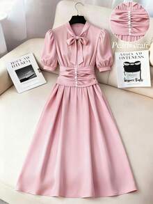 SHEIN Ladiora Women's Pink Satin Stand Collar Tie-Waist Petal Sleeve Ruched Pearls Embellished A-Line Dress, Elegant High-End Design For Commuting, Luxury Slim Fit Spring/Summer - Pink - View 8