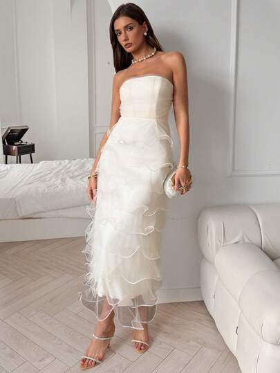 Elenzga French Elegant Ruffle Hem Fish Bone Strapless Dress, High-End Elegant Celebrity Party Tulle Gown