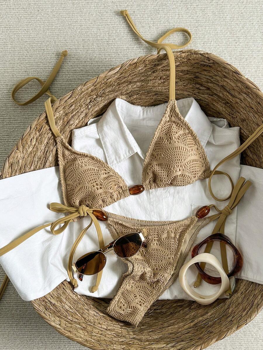 Swim Vcay Women's Spring/Summer Jacquard Fabric Beaded Halter Bikini Set - Khaki - View 1
