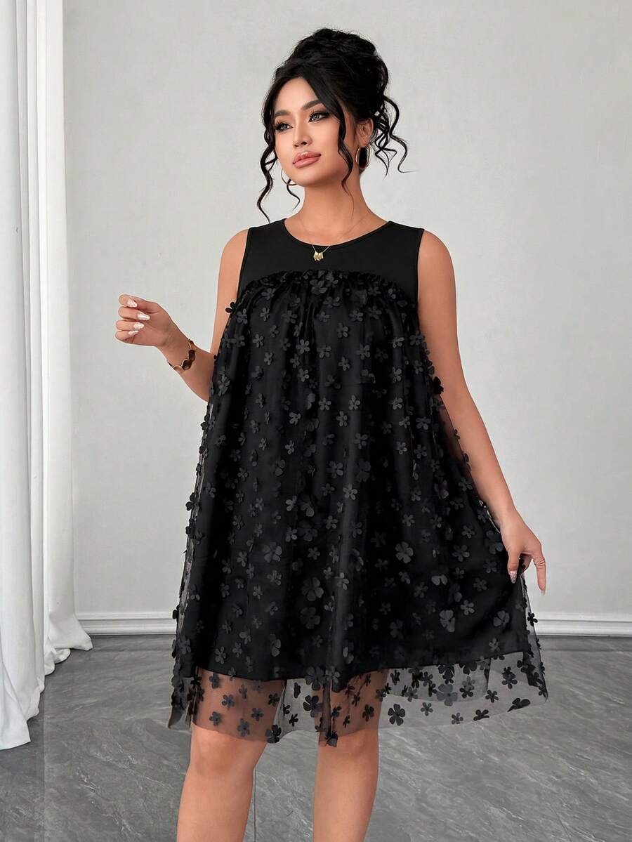 SHEIN Elenzya 大码女式飘逸3D立体花卉刺绣A字连衣裙，下午茶连衣裙，约会派对网纱连衣裙 - 黑色 - 查看 1