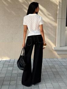 FavEase 女士休闲通勤衬衫，收腰设计，纹理针织面料，波点图案 - 杏色 - 查看 2