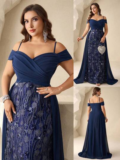 Coutiva Plus Size Women Sequin Floral Decor Off-Shoulder Elegant Mother Of The Bride Dress Navy Blue Formal Dress Blue Formal Evening Gown Curve Formal Evening Gown Mother Of The Bridal Dress Evening Mother Of Groom Dress