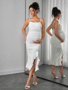 Momance Maternity Embroidered Camisole Top And Adjustable Waist Split Skirt 2 Pieces Set, Fashionable For Dates And Outings - White - View 4