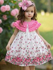 SHEIN LMoss Kids 女童碎花彼得潘领修身连衣裙，适合假日穿着；女童/女婴优雅可爱撞色碎花宽松连衣裙，配蝴蝶结领；春夏薰衣草色女童连衣裙；淡紫色童装连衣裙；紫色碎花连衣裙；女童茶会连衣裙；田园风女童连衣裙；可爱女婴薰衣草印花连衣裙，饰有大蝴蝶结和荷叶边袖子，是春夏活动的完美之选。 - 粉色 - 查看 3