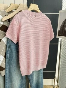 Franclia 新款甜美可爱粉色休闲蝴蝶结针织套头毛衣，春夏粉色蝴蝶结上衣，婴儿粉上衣，可爱短袖上衣，蝴蝶结针织女式上衣，女士可爱上衣 - 粉色 - 查看 2