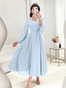 Al Najma Đầm dạ hội nữ cổ chữ V, đính cườm, thêu hoa, xếp nếp, phối lưới, ôm sát, tay dài, dáng xòe thanh lịch, màu hồng. - Màu xanh lam - Xem 8