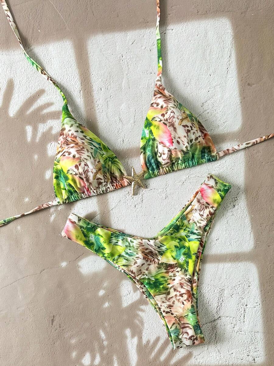Swim Vcay Women's Random Print Halter Metal Jewelry Bikini Set, Summer - Multicolor - View 1