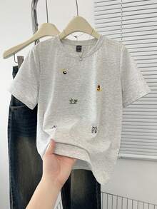 GlowEve Women's Casual Sports Style Spring/Summer New Vacation Pattern Embroidery Round Neck Loose Relaxed Vacation T-Shirt - Grey - View 5