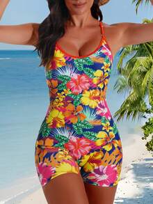 Swim Lushoire 女士热带花卉印花交叉露背连体泳衣，修身款，适合海滩度假，夏季 - 彩色 - 查看 5