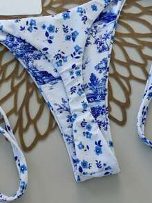 Swim Mod Summer New Vintage Ditsy Floral Halter Backless Tie-Side Bikini 2 Pieces Swimwear - Blue and White - View 3