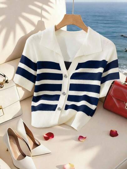 Franclia Women's Fashionable, Simple, Versatile Striped Color-Blocked Metallic Button Lapel Knit Top, Suitable For Commuting And Everyday Wear. From Spring To Summer, Summer Tops, New Arrivals, Women's Summer Knit Tops, Summer Holiday Outfits, Spring Women's Outfits, Spring, Valentine's Day, Women's Valentine's Day Outfits, Valentine's Day Clothing, Carnival, 2026 Carnival Women's Looks, Beach, Women's Vacation Outfits, Preppy Style Tops, Women's Elegant Tops, Striped Tops, Women's Vacation Outfits, Women's Casual Tops.Fashionable Casual Commuter Wear, Business Office Wear, Versatile And Stylish Everyday Casual Wear, Urban Teacher's Professional Attire