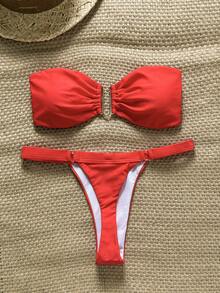 Swim Chiccia Springbreak 女士纯色抹胸金属装饰上衣和丁字裤比基尼两件套，简约夏季泳装 - 紅色 - 查看 1