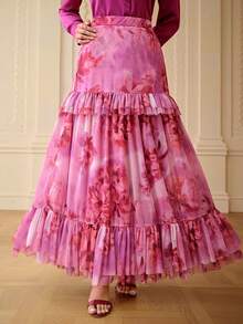 ZEYLAH Romantic Floral Print Ruffle Hem Skirt, Spring/Summer - Purple - View 2