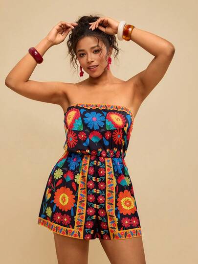 Travachic Plus Size Women's Boho Tropical Retro Print Strapless Romper, For Summer, Mother Day Outfit, Vacation Outfits Woman, Rave Outfit, Western Wear Women Plus Women Summer Clothing