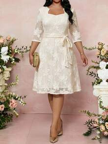 Fleurora White Summer Elegant Bachelorette Party Wedding Bridal Midi Dress,Plus Size Women Floral Embroidery Textured Asymmetrical Neck Belted 3/4 Sleeve Dress - Beige - View 4