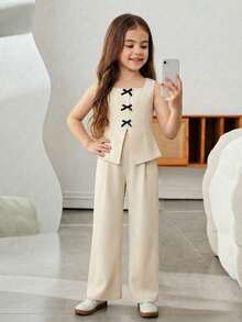 SHEIN 2件套少女纯色编织休闲背心和裤子套装 - 卡其色 - 查看 5